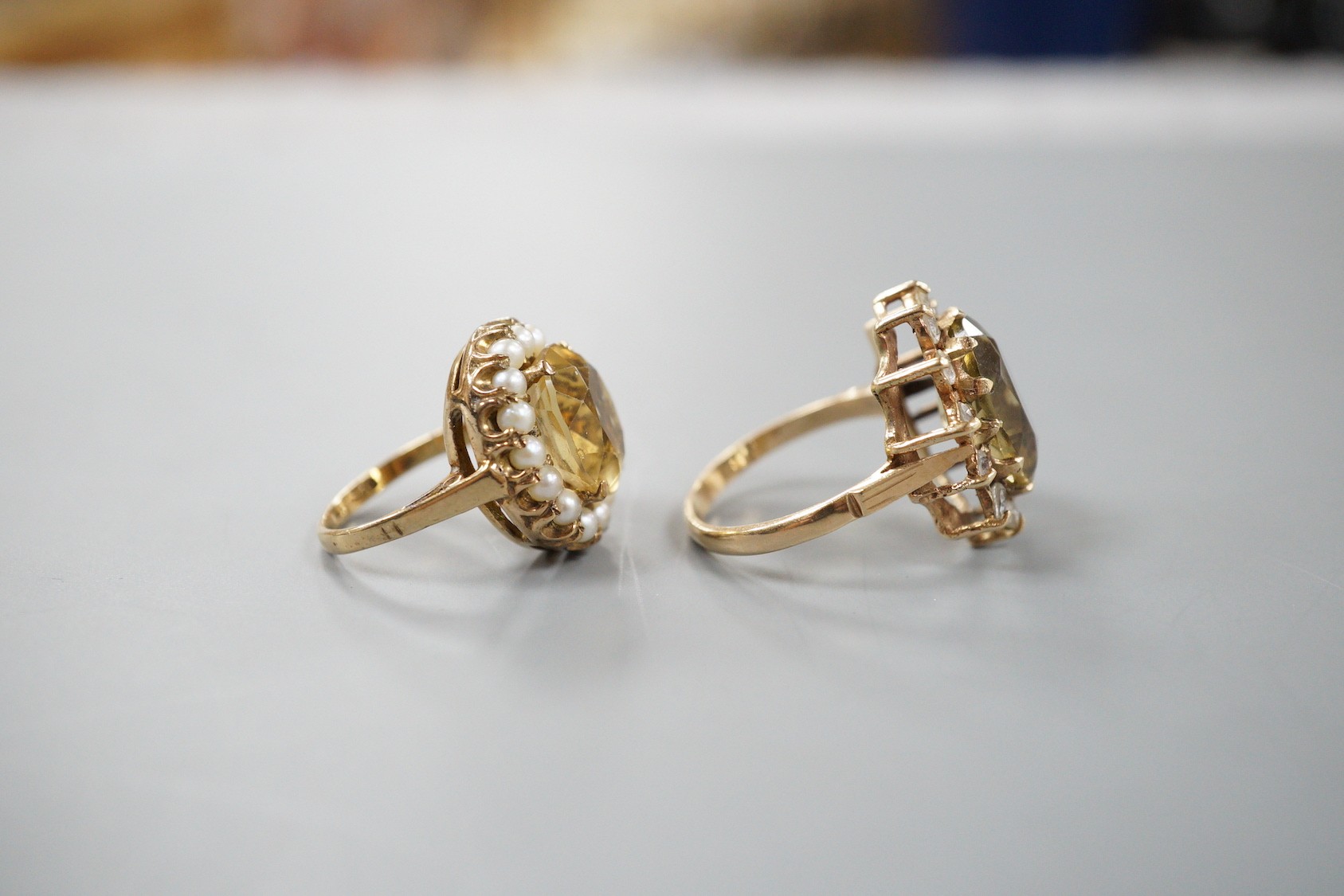 Two Victorian style 9ct gold and gem set rings, including citrine and seed pearl, gross weight 10.6 grams.